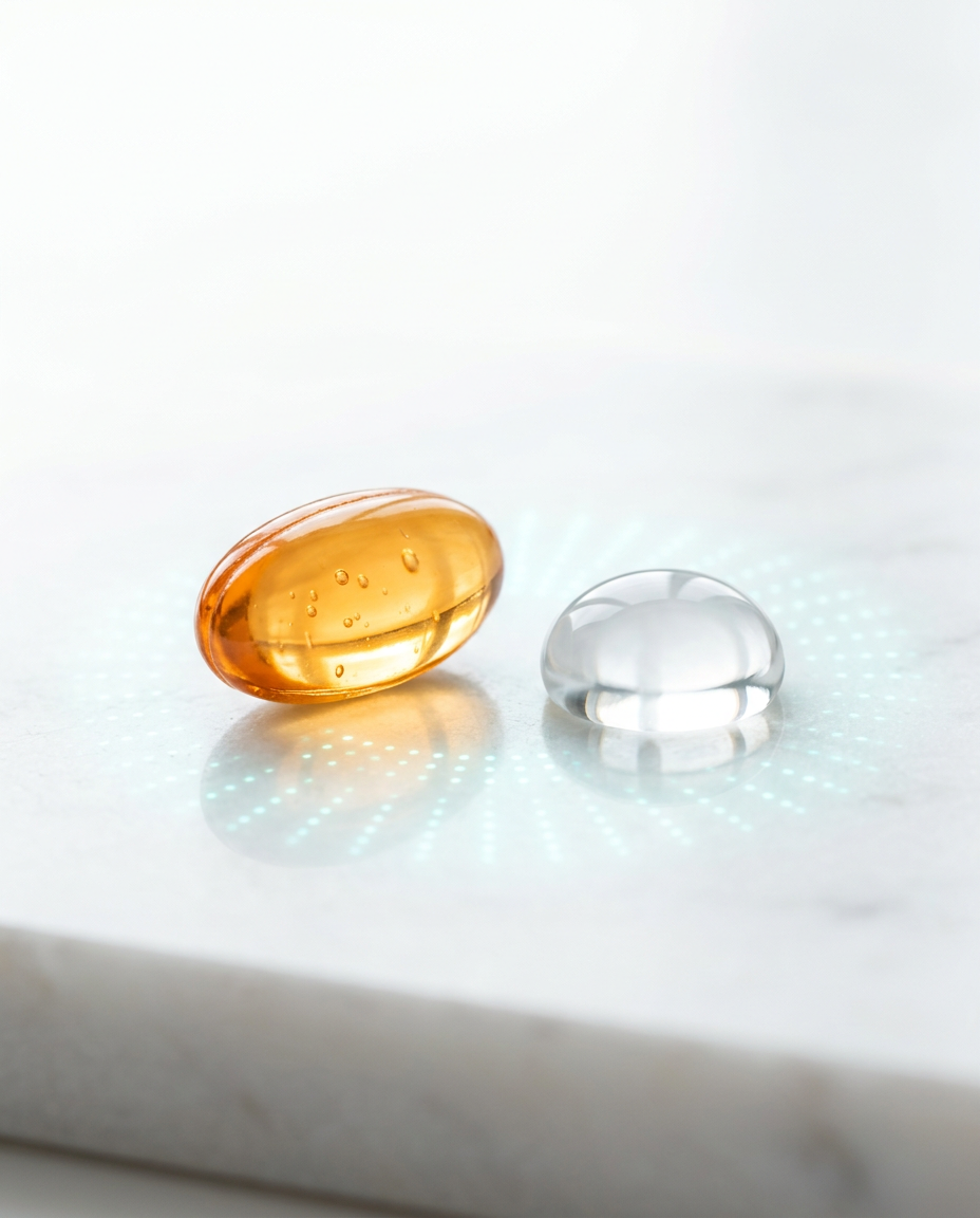 Macro photo of a wellness capsule on white marble with cyan radial overlay